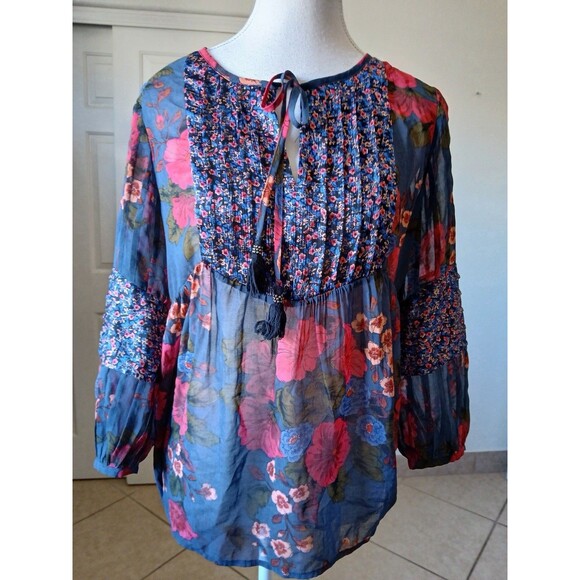Daniel Rainn XS Boho Floral Tunic Blouse Tie Neck Long Sleeve - Picture 2 of 15